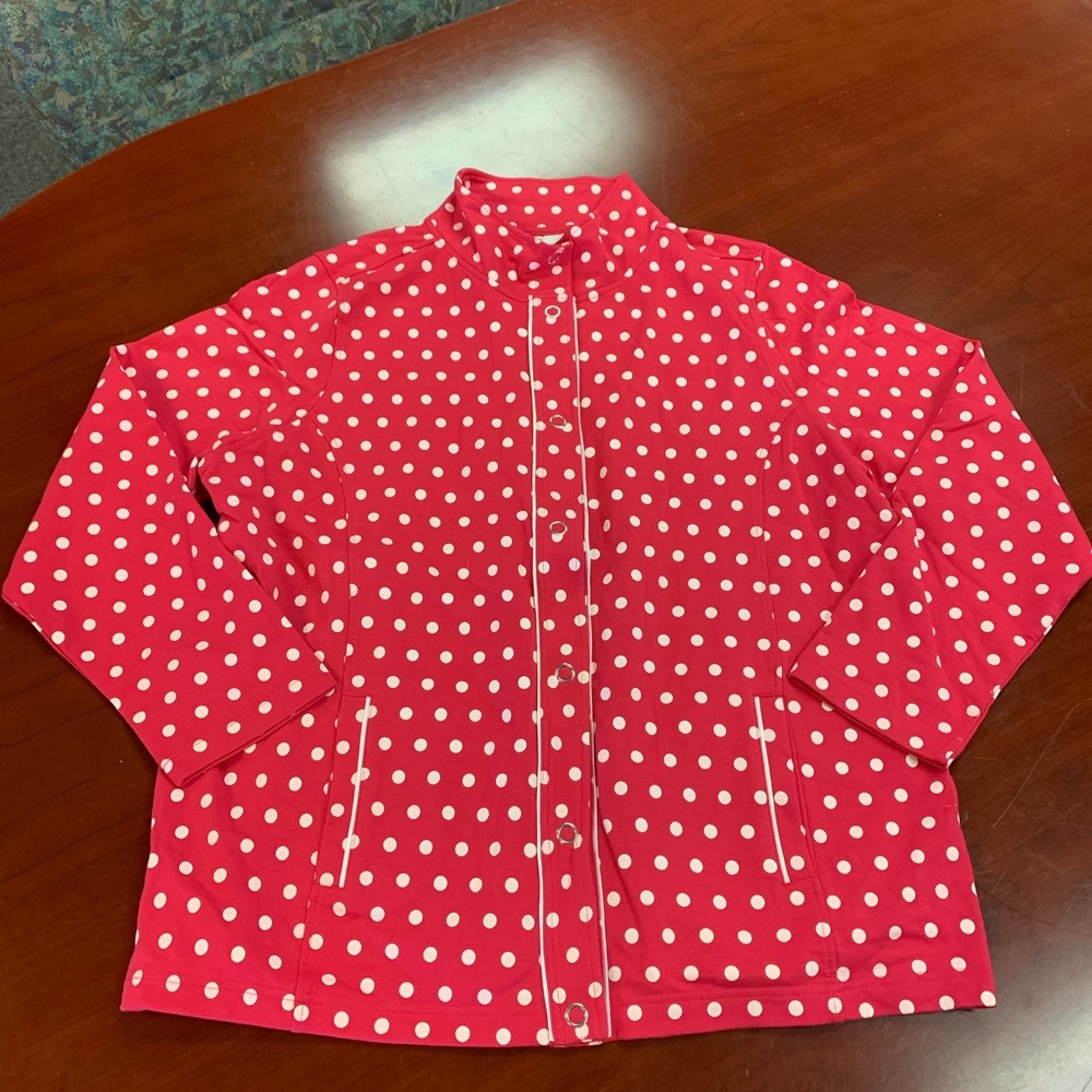 Quacker Factory Pink Polka Dot Snap Up Jacket sz XL EUC